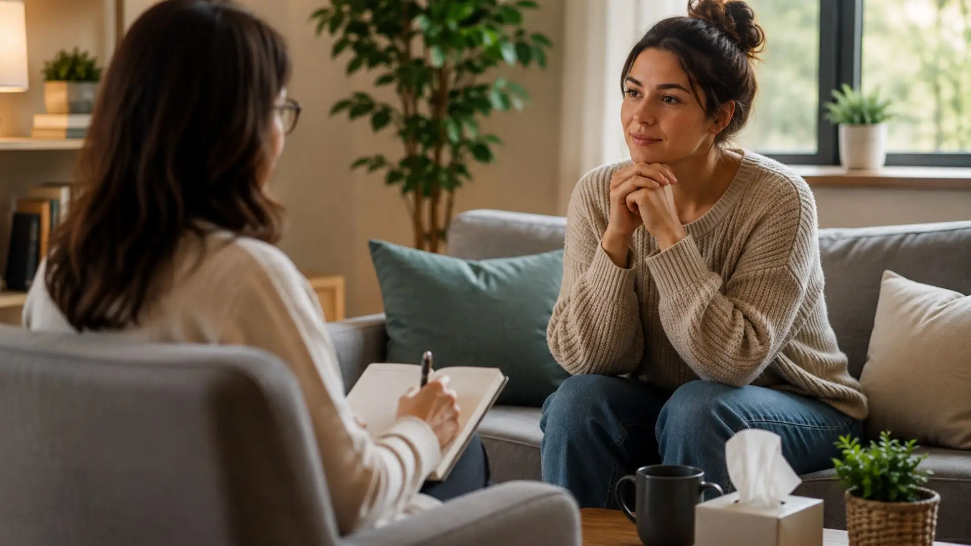 Two people in a living room having a therapy session; one sits on the sofa with hands clasped while the other writes in a notebook.