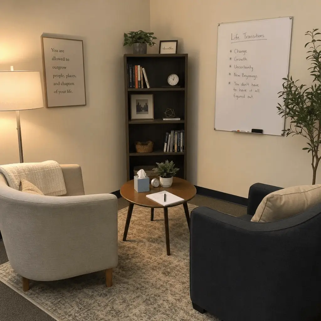 Cozy office seating area with two armchairs around a round wooden table, tissue box, notebook, and plants near a bookshelf and whiteboard.